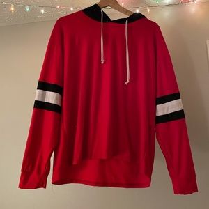 Red, black, and white hoodie